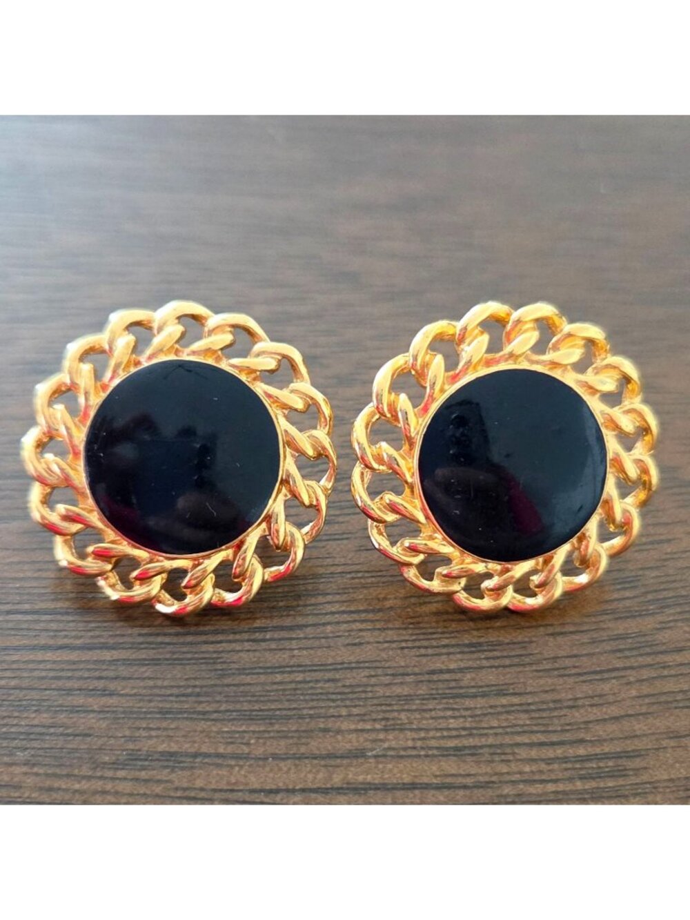 Napier Gold Tone Black Enamel Round  Clip-On Screw Back 1" Earrings